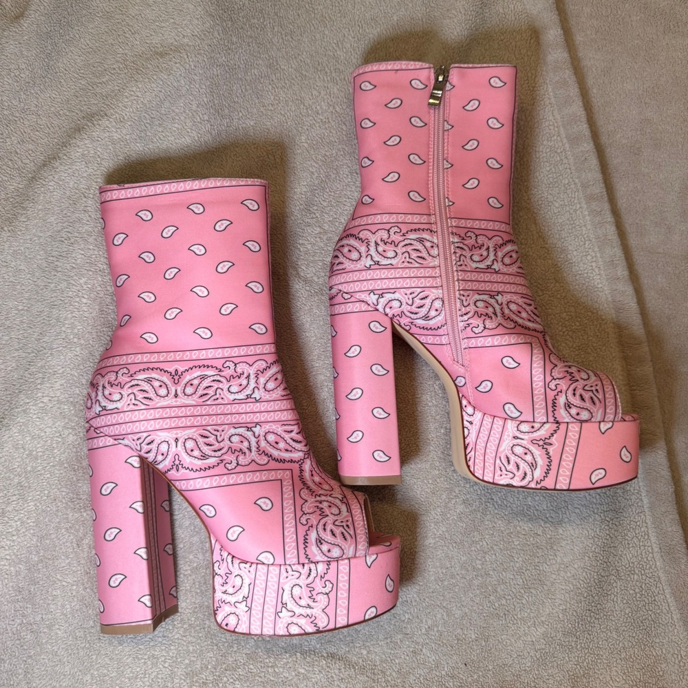 Azalea Wang Pink Bandana Paisley Peep Toe Platform Block Heel Boots Sz 8.5 - Picture 4 of 8